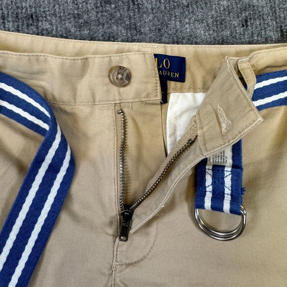 Polo Ralph Lauren Boys Khaki Chino Shorts Tan Belted Sz 14 Stretch Cotton Twill